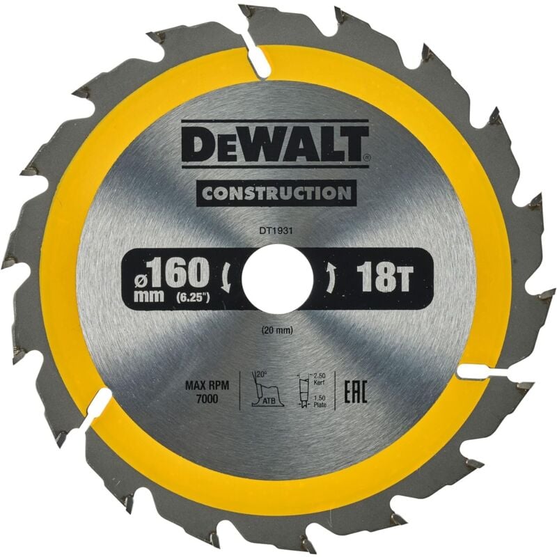 DT1931-QZ Lama Sega Circolare 160x20mm 18T Legno Chiodato - Dewalt