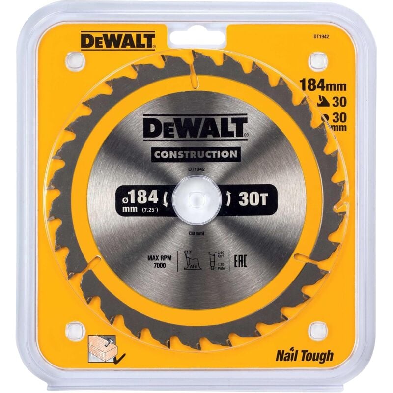 DT1942-QZ Lama Sega Circolare 184x30mm 30T Legno Chiodato - Dewalt