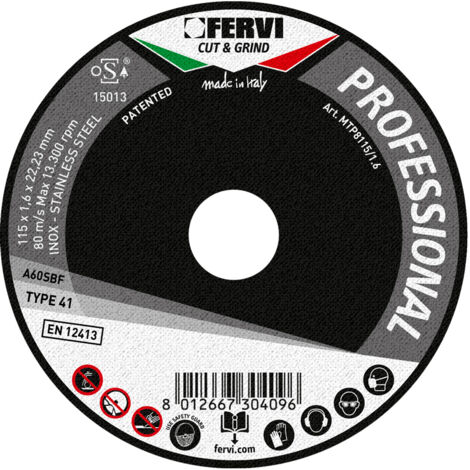 Disco da taglio ferro metallo 115x1,6x22 mm a60s professional Fervi mtp8115/1.6