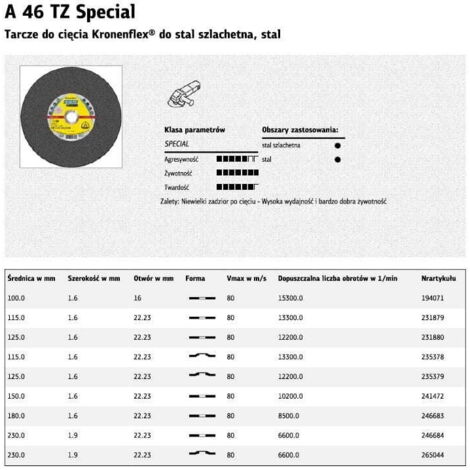 DISCO DA TAGLIO PER METALLI KLINGSPOR 125 mm x 1,6 mm x 22,2 mm A46 TZ Special