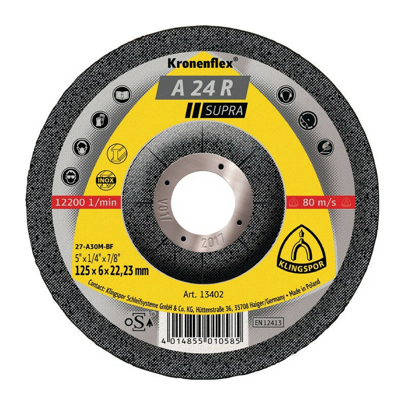 

Disco de desbaste A 24 R Supra D125xS4mm taladro STA curvo 22,23mm KLINGSPOR (Por 10)