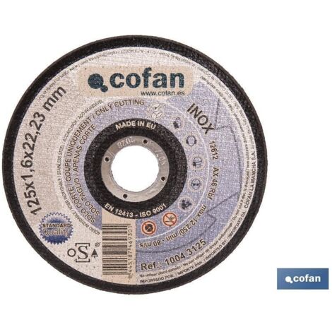 Disco de corte 125mm para metal, grosor 1,6mm, certificado según ISO 9001:2000.