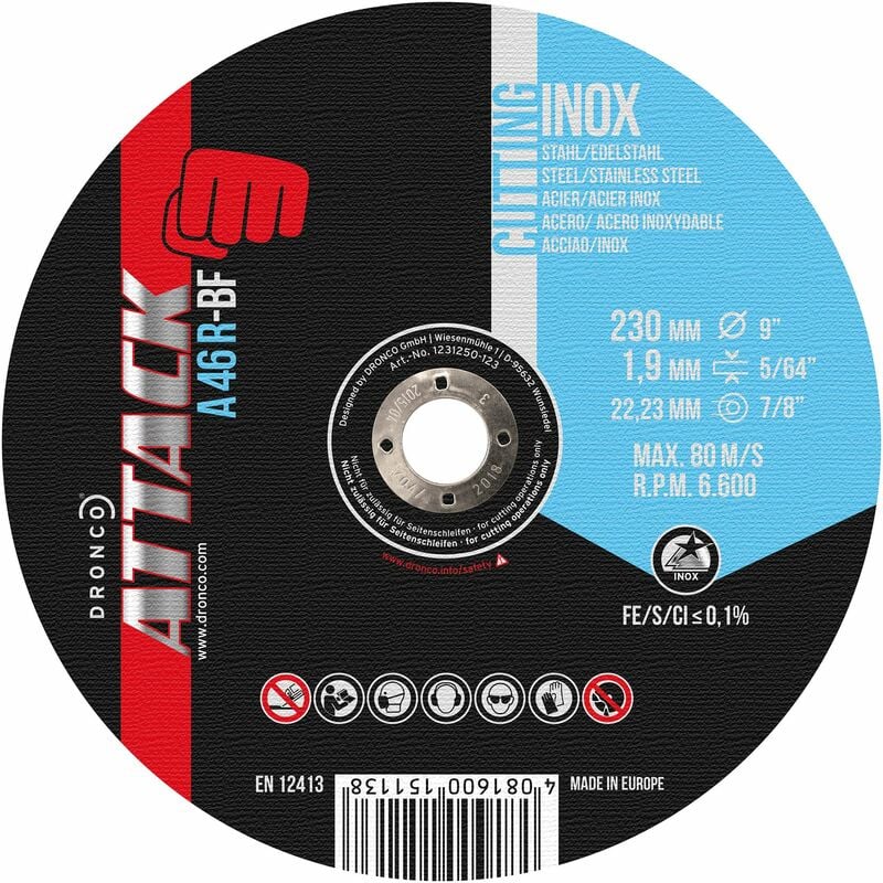 

A46INOX ATTACK - Disco de corte de 230 x 1,9 mm - Dronco