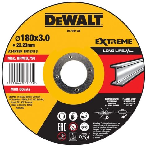 Disco de corte cóncavo EXTREME para metal con grano industrial de óxido de aluminio, 180 x 3 x 22.23 mm  DeWalt DX7967-AE