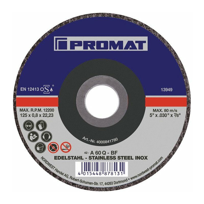 

Disco de corte D125x0.8mm acodado INOX 22.23 mm agujero (por 50) - Promat