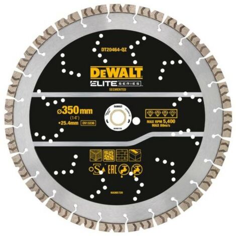Disco de corte de diamante DeWALT Elite 350 mm All Purpose, uso universal en construcción, para corte de hormigón, piedra, ladrillo y materiales abrasivos, alta durabilidad