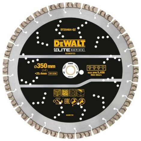 Disco de corte de diamante DeWALT Elite 350 mm All Purpose, uso universal en construcción, para corte de hormigón, piedra, ladrillo y materiales abrasivos, alta durabilidad