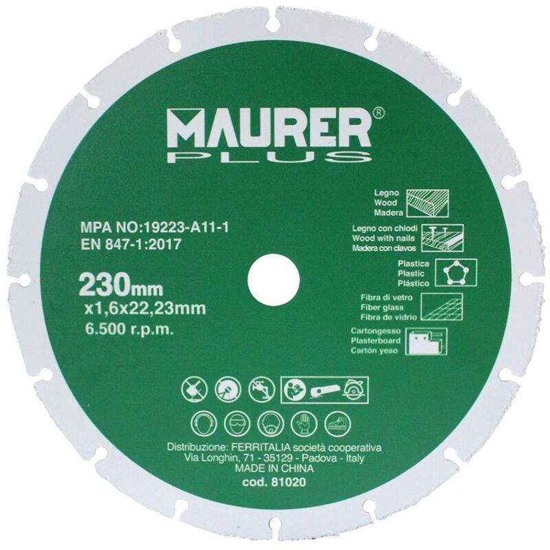 Maurer - Disque à tronçonner bois/plastique ø 230 x 1,6 mm.
