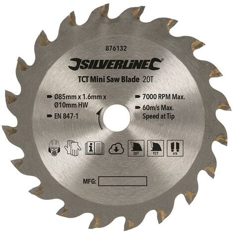 Disco de corte TCT para mini sierra circular ø85 mm, agujero: ø10 mm, 20 dientes