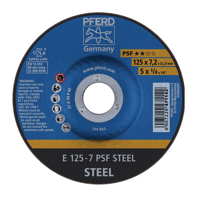 

Muela abrasiva PSF STEEL D115x 7,2 mm de espesor de acero angulado taladrado 22,23 mm PFE (paquete de 10)