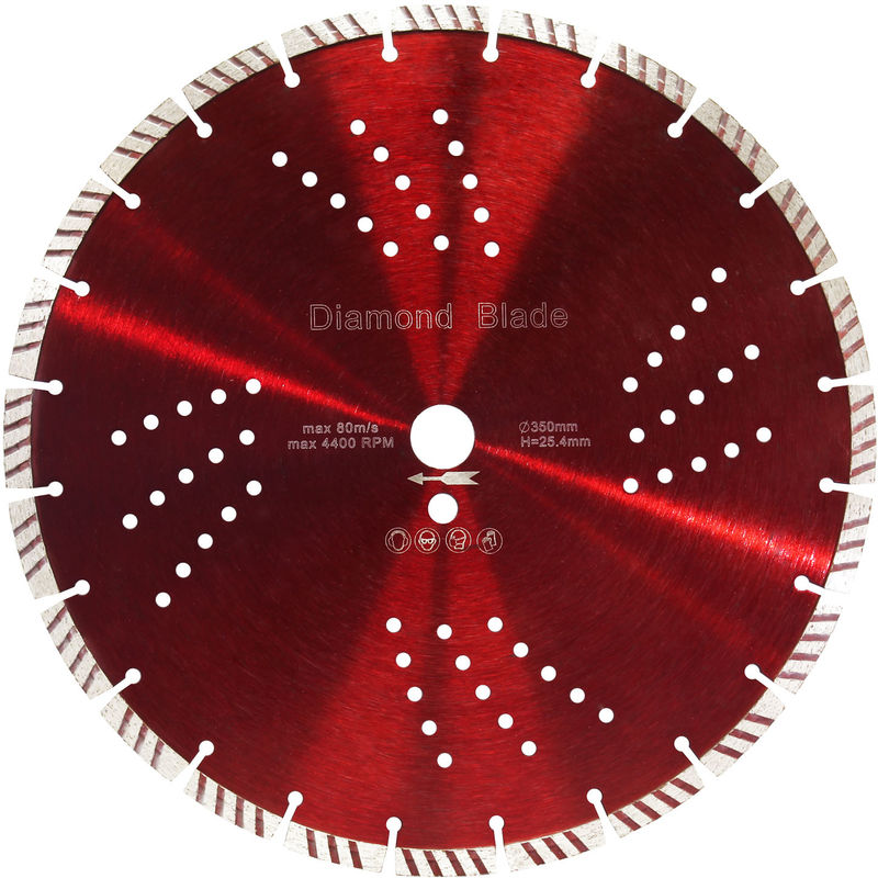 

Disco de diamante Ø350mm, perforación 25,4mm, segmentos turbo de 10mm, para piedra, ladrillo y más