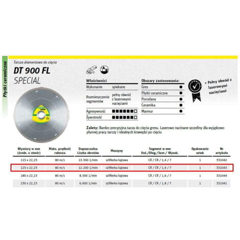 DISCO DE DIAMANTE COMPLETO KLINGSPOR 125 mm x 14 mm x 222 mm DT900FL SUPRA GRES ESPECIAL SECO HÚMEDO