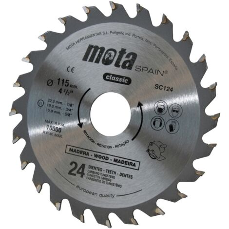 Disco de tungsteno con insertos de widia para sierra y corte madera Ø115mm de 24 dientes