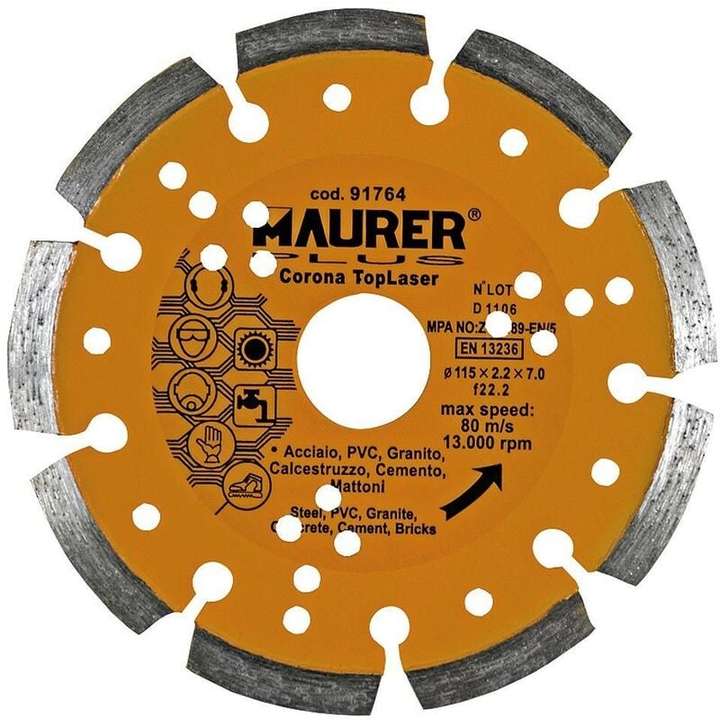 

Disco diamante segmentado laser acero, pvc, hormigón, granito 115 mm. - Maurer