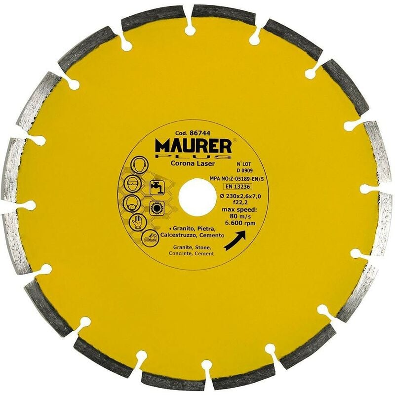 

Disco diamante maurer segmentado laser hormigón, piedra, granito 230 mm.
