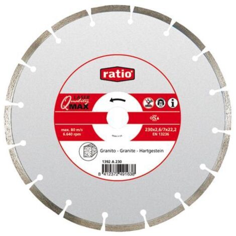 Disco diamante Quality max materiales muy duros Ratio - talla 230 x 2,6 x 22,2 mm.