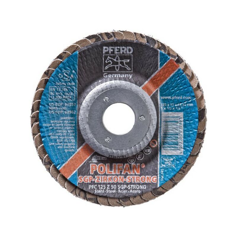 

Muela abanico Ø 125 mm (12200 tr/mn), POLIFAN® SGP-ZIRKON-STRONG, Grano : 50, Acero recommandé