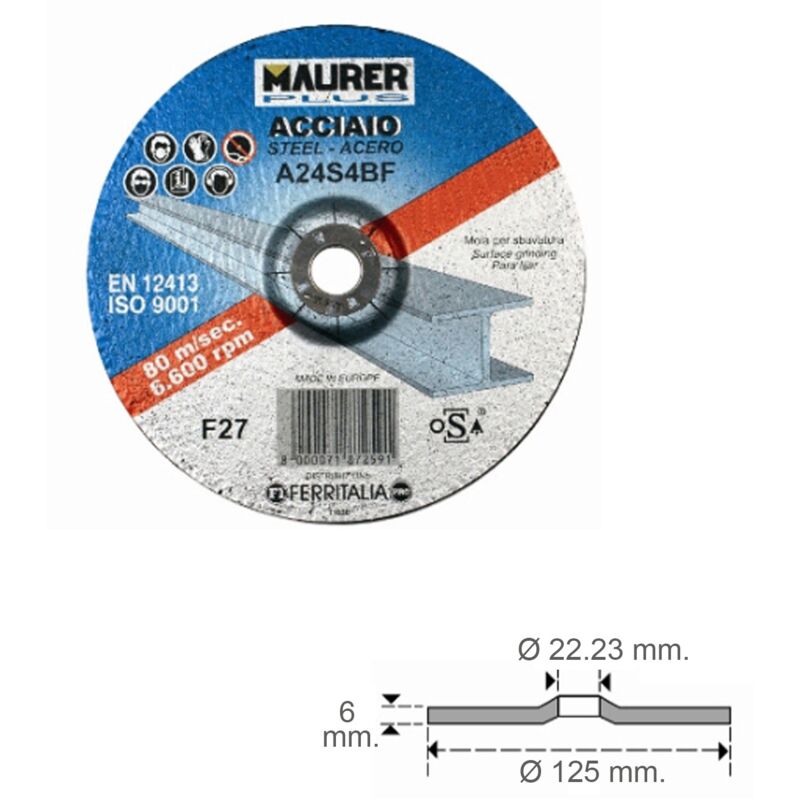 

Disco repasar abrasivo acero Ø 125 x 6 x 22,23 mm.