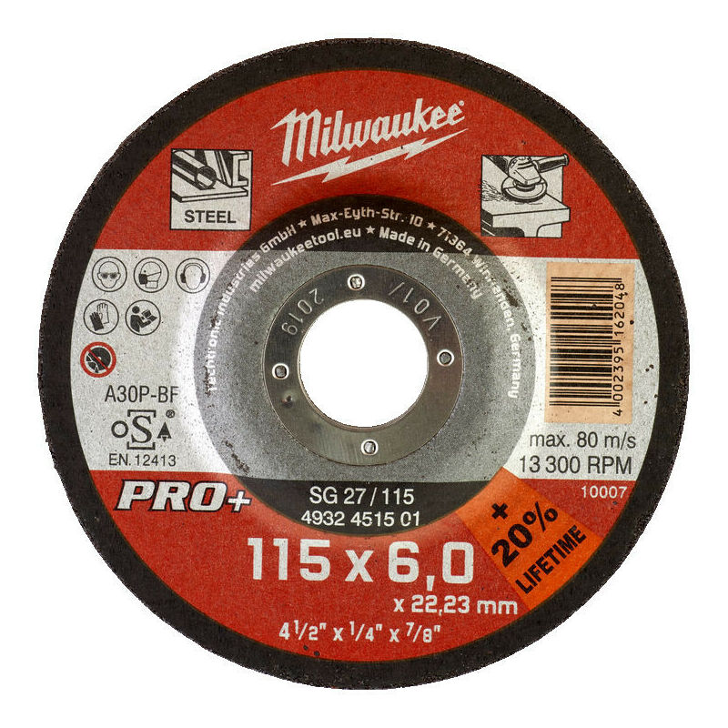 Image of Disco da sbavo pro plus ideale per lavorare acciaio dolce e acciaio non legato - sg 27 - diametro 115 - 1 pezzo Milwaukee