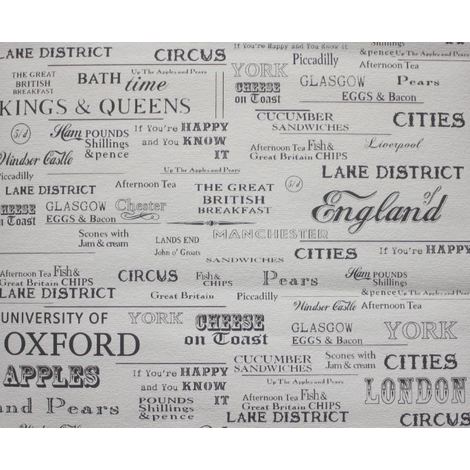 DISCONTINUED English Cities Wallpaper Textured Vinyl Typography Words Paste The Wall Cream