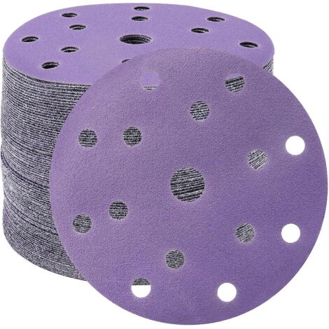 Discos abrasivos de 150 mm, papel de lija de grano 100, 50 piezas, 15 agujeros, discos de lijado para lijadoras orbitales aleatorias (morado)