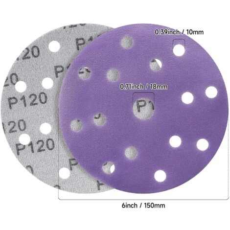 Discos abrasivos de 150 mm, papel de lija de grano 150, 50 piezas, 15 agujeros, discos de lijado para lijadoras orbitales aleatorias (morado)