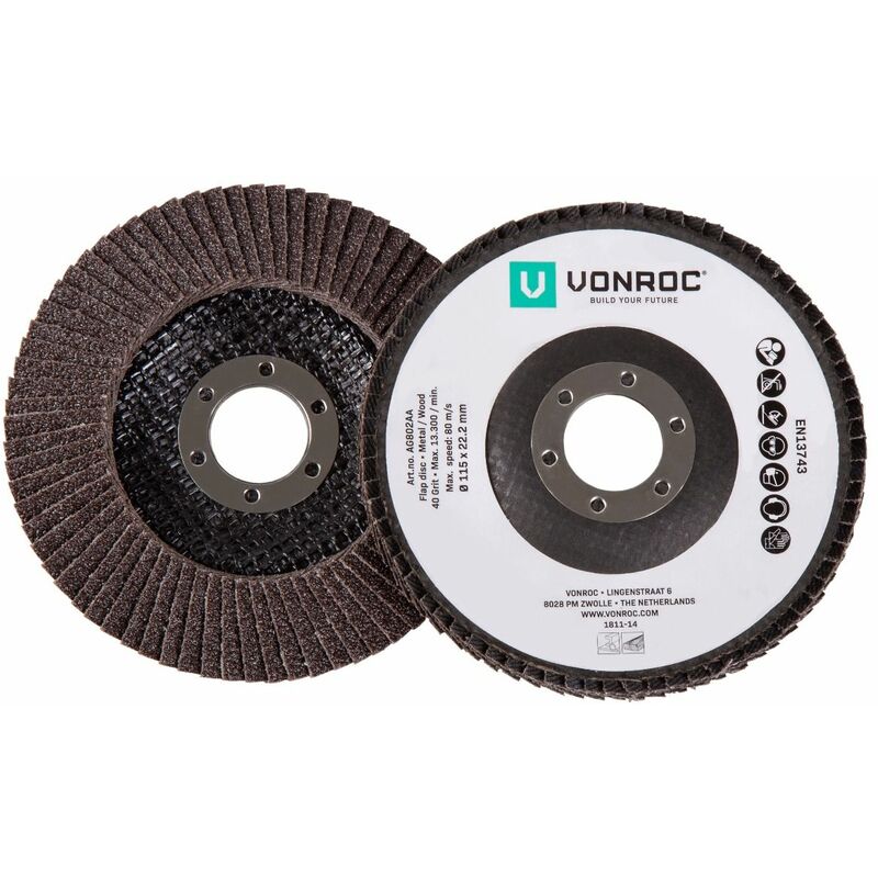 

VONROC Discos de lámina para lijadoras - Juego de 2 piezas - K40 & K60 - Ø 115 x 22,2 mm