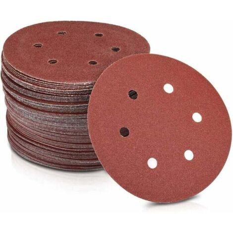 Discos de lija de papel, Ø 125 mm, grano 240, 6 agujeros, rojo. Papel de lija para lijadoras de yeso y de cuello largo. Paquete de 50 discos, de DEBUNS.