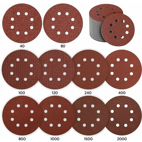 5 piezas Almohadillas de lija de grano 40 Discos de lija de 125 mm juego de papel de lija redondo Respaldo de velcro orificios de extracción de polvo para lijadoras orbitales aleatorias 