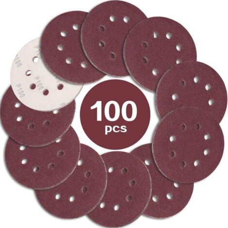 Discos de lija Ineasicer 100 piezas 125 mm, grano 100, discos de lija de 8 agujeros, ideales para lijar/pulir para lijadoras orbitales aleatorias