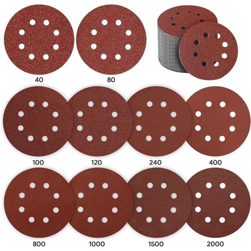 Discos de lijado con velcro, 80 piezas Disco de lijado Disco de lijado de papel de lija de 125 mm para lijadora excéntrica 10 P40 / P80 / P100 / P120