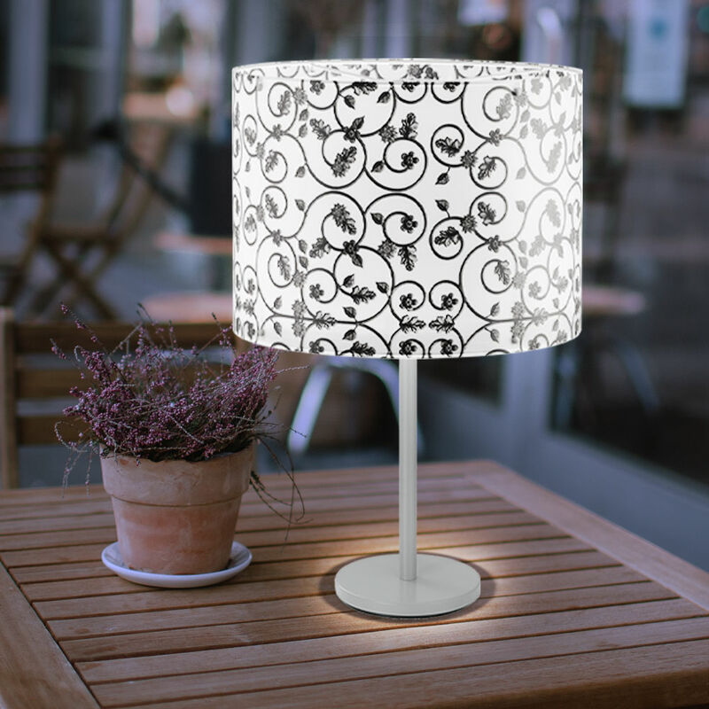 Image of Lampada da tavolo, rotonda, lampada laterale, nera, lampada da lettura, moderna, lampada da scrivania, paralume in tessuto, motivo bianco, acciaio
