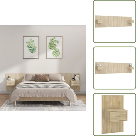Diseño de cama - vidaXL Cabecero de cama con mesitas madera contrachapada roble Sonoma - Almacenamiento