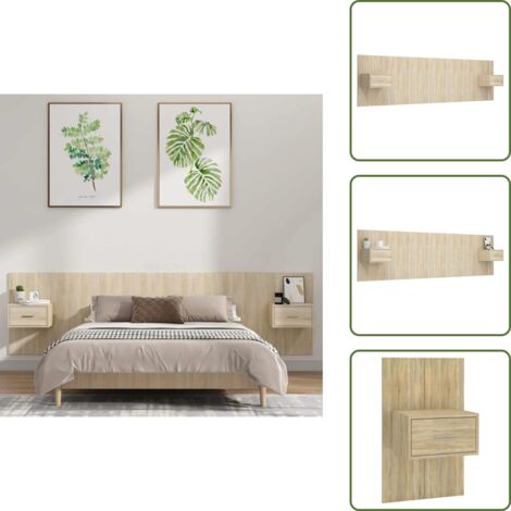 Diseño de cama - vidaXL Cabecero de cama con mesitas madera contrachapada roble Sonoma - Almacenamiento