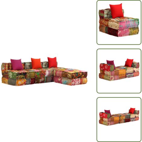 Diseño patchwork - vidaXL Puf modular de 3 plazas de tela patchwork - Sofá de tela