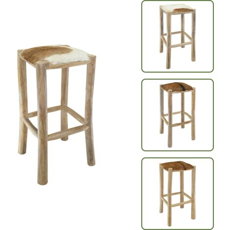 Diseño rústico - vidaXL Taburete de cocina de piel de cabra y madera de teca maciza - Asiento acolchado