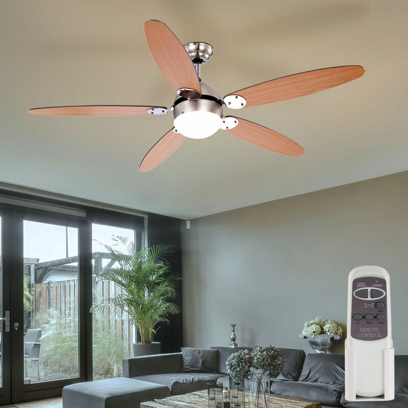 

Ventilador de techo con luz y mando a distancia 3 pasos adelante / atrás Palas 132 cm reversibles