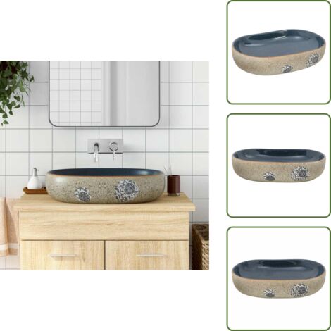 Diseño vintage - vidaXL Lavabo sobre encimera ovalado arena y azul cerámica 59x40x14 cm - Lavabo ovalado