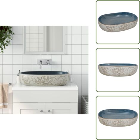 Diseño vintage - vidaXL Lavabo sobre encimera ovalado cerámica arena y azul 59x40x14 cm - Lavabo ovalado