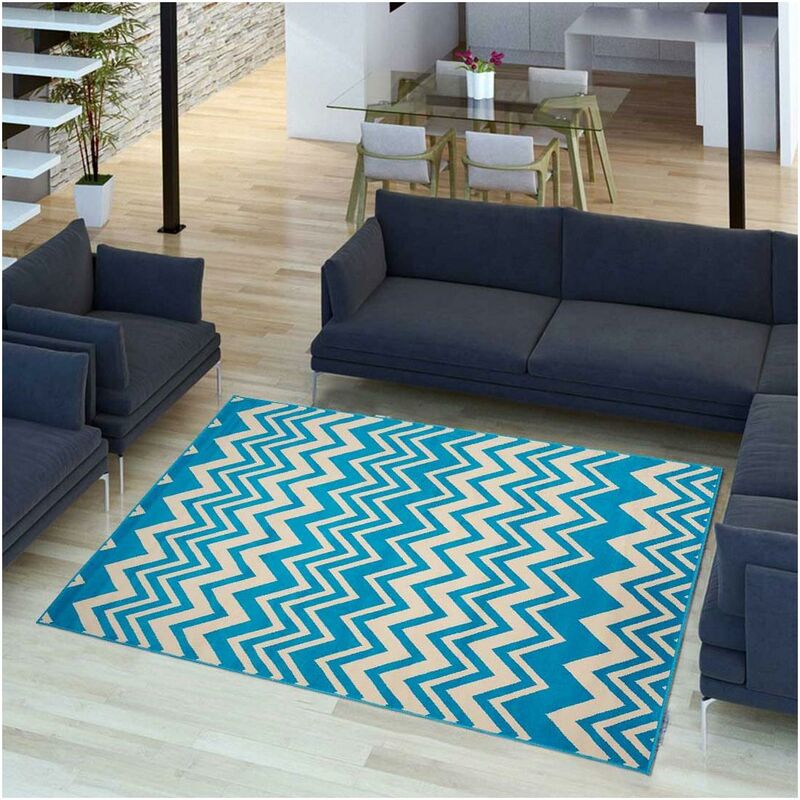 

diseño moderno alfombra 60x110 cm ONDAS V aC rectangular azul de entrada adecuado para calefacción por suelo radiante - Bleu