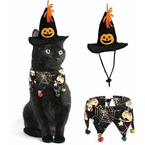 Disfraz de mascota de Halloween Disfraz de gato Collar Capa con sombrero Mago Animal pequeño Gatito Cachorro Cosplay Fiesta de Halloween Decoración de mascotas (Tela de araña)