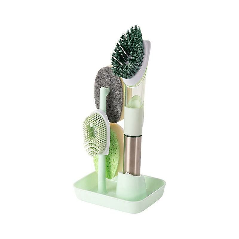 Dish Brush Soap Dish Brush Set Sink Cleaning Brush with 4 Replacement Heads and Storage Holder (Green)