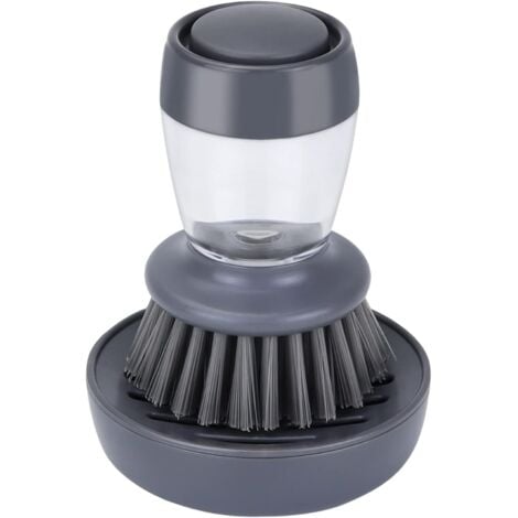 Dish Brush with Soap Dispenser Kitchen Scrub Brush for Dishes, Pots and Sink Cleaning Dish Brush with Holder (Grey Handle and Nylon Bristles)