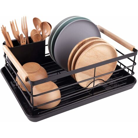 Matte Black Metal Dish Rack (42 X 31.5 X 15.5Cm) - Over Sink Dish Rack With  Cutlery Holder And Plastic Drip Tray For Storage 