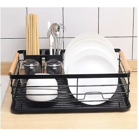 Dish drainer with drip tray and cutlery holder, black, 42 x 30 x 15 cm