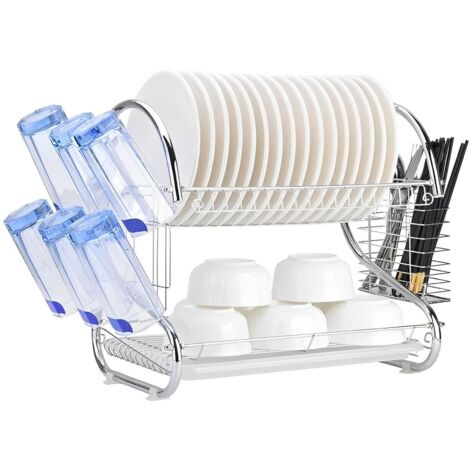 Dish Drying Rack, 2 Tier Dish Drainer Rack with Utensil Holder and Drip Tray, Stainless Steel Cutting Board Holder and Dish Dryer, Removable Plate Draning Rack with Cup Holder for Kitchen