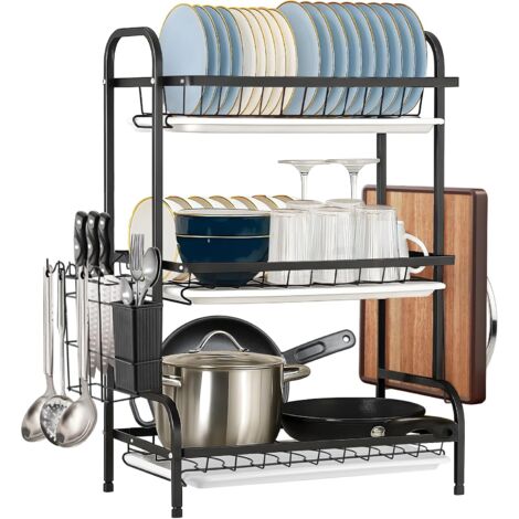 Dish Rack 3-Tier Dish Drainer Rack with Drainboard Large Over Sink Drying Rack Kitchen with Cutlery & Cutting Board Holder Space-Saving Kitchen Draining Board with Drip Tray