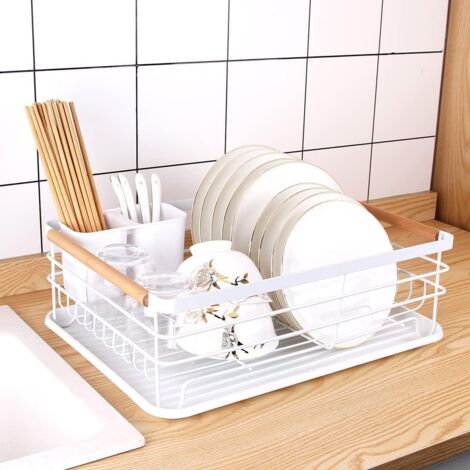 Dish Rack with Drip Tray and Cutlery Rack, 43 x 32 x 14 cm, White