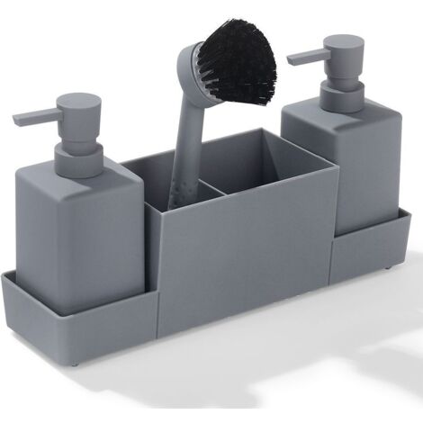 Dishwashing Liquid Dispenser, Kitchen Soap Dispenser, Sink Organizer, Shower Gel Dispenser, with Sponge Set, Dispenser Bottle, Sink Brush, Kitchen and Bathroom (Grey)