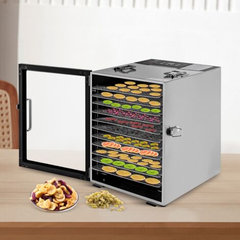 Disidratatore automatico acciaio inossidabile, doppia ventola 360° essiccamento efficiente, disidratatore 12 ripiani, controllo temperatura 30-90℃, timer 24 ore, protezione surriscaldamento, libro ric